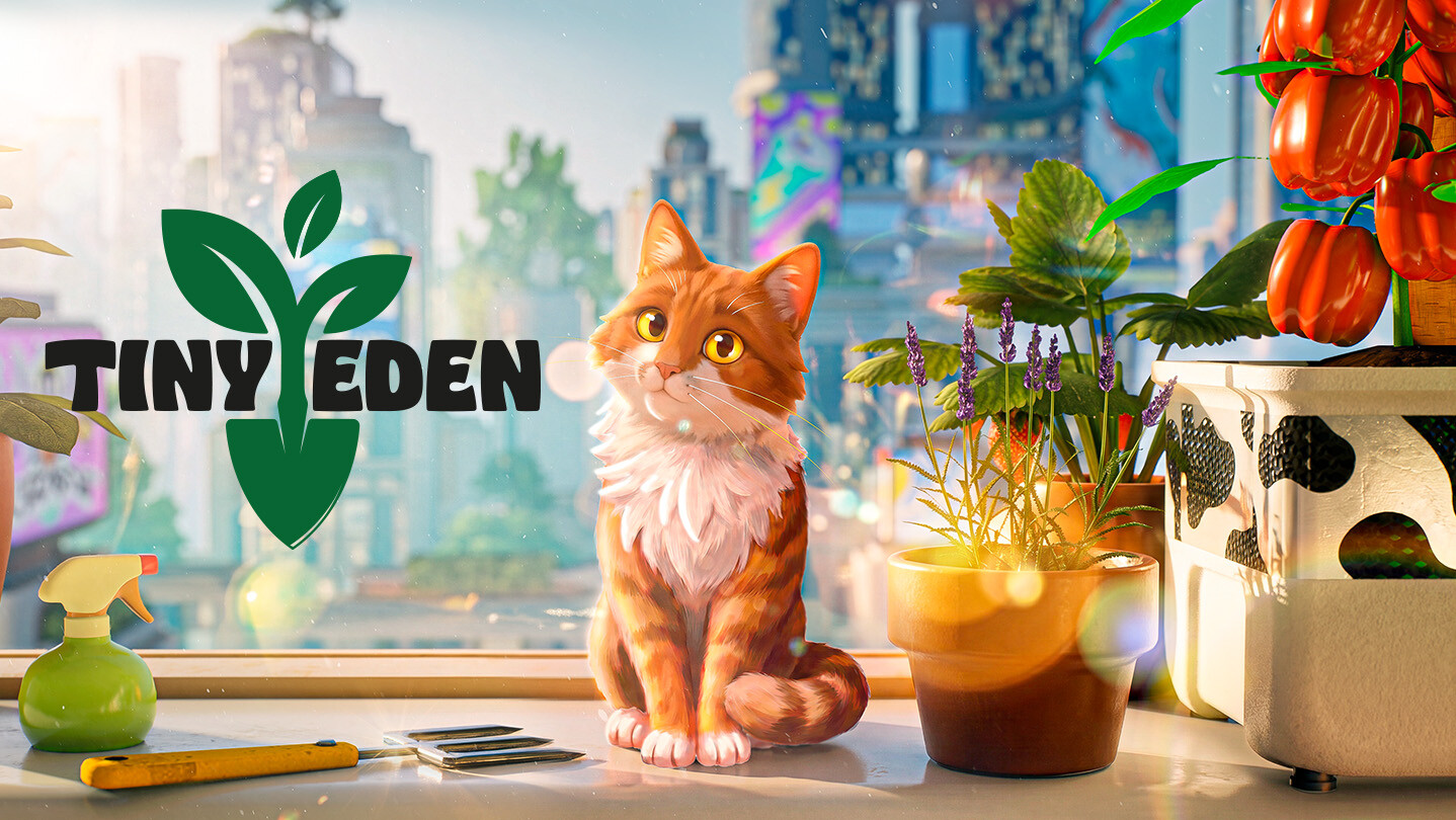 Tiny Eden cat beside indoor plants overlooking a futuristic city